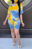 Yellow Fashion Sexy adult Patchwork Print Tie Dye Two Piece Suits Straight Half Sleeve Two Pieces
