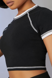 Black Casual Solid Patchwork O Neck Tops