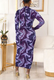 Purple Casual Print Half A Turtleneck Wrapped Skirt Dresses
