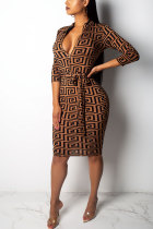 Brown Sexy Fashion Cap Sleeve 3/4 Length Sleeves V Neck Slim Dress Knee-Length Print Patchwork Club Dress