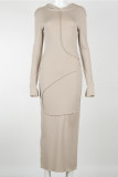 Khaki Casual Solid Make Old Split Joint Hooded Collar Pencil Skirt Dresses