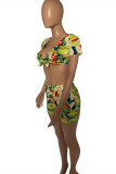 Multicolor Fashion Sexy Print Basic V Neck Short Sleeve Two Pieces