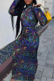 Multicolor Sexy Print O Neck Wrapped Skirt Dresses
