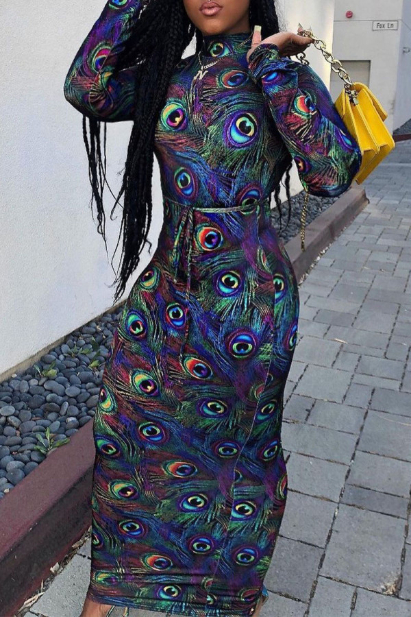 Multicolor Sexy Print O Neck Wrapped Skirt Dresses