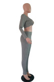 Grey Casual Solid Split Joint V Neck Long Sleeve Two Pieces