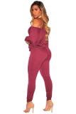 Wine Red Polyester Europe and America Fashion adult Solid Two Piece Suits Patchwork backless pencil Long Slee