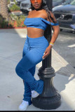 Blue Casual Solid Boot Cut Sleeveless Two Pieces