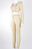 Apricot Casual Solid Tassel Patchwork O Neck Long Sleeve Two Pieces