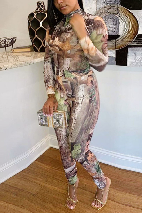 Grey Sexy Print Patchwork Turtleneck Long Sleeve Two Pieces