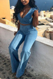 Light Blue Denim Fashion Sexy adult Ma'am Solid Two Piece Suits Loose Sleeveless Two Pieces