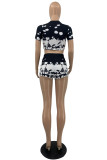 Black And White Fashion Casual Print Basic O Neck Short Sleeve Two Pieces