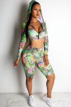 Green Polyester Sexy Fashion Print Patchwork Straight Long Sleeve Two-Piece Short Set