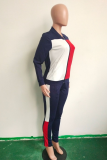 Green Casual Color Block Patchwork Zipper Collar Long Sleeve Two Pieces