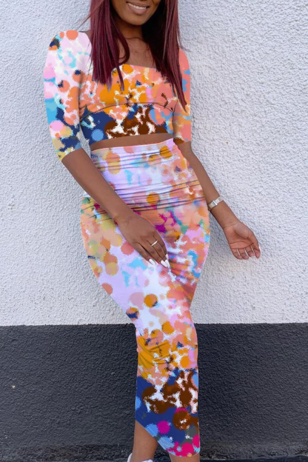 Yellow Sexy Print Patchwork Square Collar Half Sleeve Two Pieces