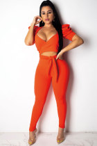 Orange Polyester Fashion Sexy HOLLOWED OUT Patchwork Solid Straight Two-piece Pants Set