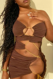Brown Fashion Sexy Solid Hollowed Out Backless Halter Sling Dress