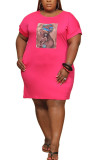 Pink Fashion Sexy adult Ma'am O Neck Print Pattern Plus Size