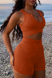 Rose Red Sexy Solid Patchwork V Neck Sleeveless Two Pieces