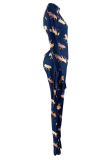 Blue Sexy Print Hollowed Out Half A Turtleneck Skinny Jumpsuits