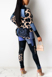 Coffee Casual Print Patchwork O Neck Long Sleeve Two Pieces