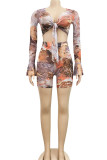 Brown Fashion Sexy Print V Neck Three Quarter Flare Sleeve Short Two Pieces