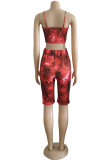 Red Fashion Casual Print Tie Dye Backless Spaghetti Strap Sleeveless Two Pieces