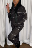 Black Fashion Casual Print Basic Hooded Collar Long Sleeve Two Pieces