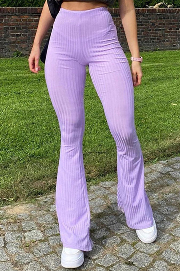 Purple Casual Solid Boot Cut High Waist Trousers