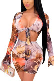 Brown Fashion Sexy Print V Neck Three Quarter Flare Sleeve Short Two Pieces