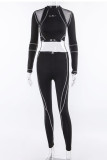 Black Street Print See-through Mesh O Neck Long Sleeve Two Pieces