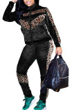 Pink Fashion Street Adult Patchwork Leopard Split Joint O Neck Long Sleeve Regular Sleeve Regular Two Pieces