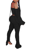 Black Fashion Daily Adult Solid Bandage Halter Long Sleeve Hubble-Bubble Sleeve Short Two Pieces