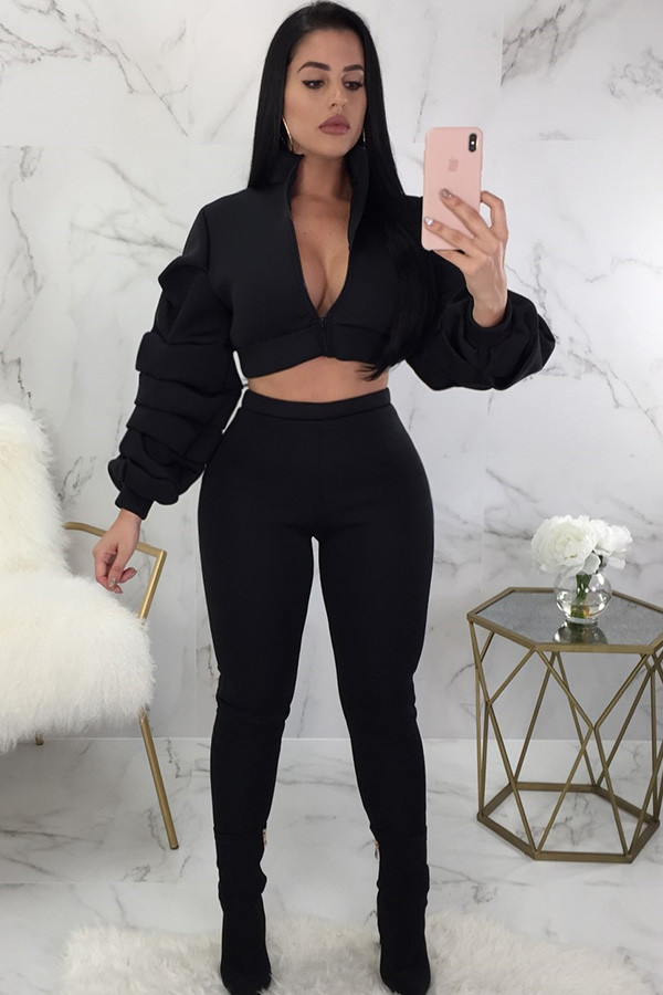 Black Sexy Solid Two Piece Suits pencil Long Sleeve Two-piece Pants Set
