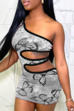 Pink Sexy Print Hollowed Out One Shoulder Pencil Skirt Dresses