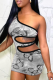 Grey Sexy Print Hollowed Out One Shoulder Pencil Skirt Dresses