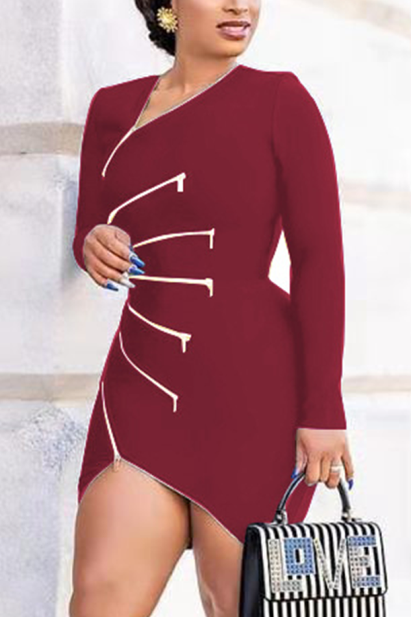 Red Sexy Solid Patchwork Zipper Collar Irregular Dress Dresses