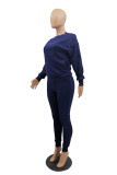 Tibetan Blue Fashion Casual Solid Basic O Neck Long Sleeve Two Pieces