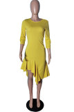 Yellow Sexy Fashion Cap Sleeve 3/4 Length Sleeves O neck Step Skirt Knee-Length asymmetrical Casual Dresse