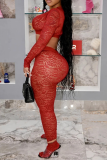 Red Sexy Patchwork See-through V Neck Long Sleeve Two Pieces