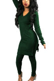 Green Elastic Fly High Solid pencil Pants Two-piece suit
