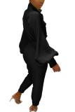 Black Fashion Casual Adult Twilled Satin Solid Pocket Turndown Collar Skinny Jumpsuits