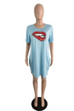 Light Blue Fashion Casual Plus Size Lips Printed Basic Hot Drill Short Sleeve Dress
