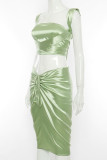 Green Casual Patchwork Frenulum Backless With Bow Spaghetti Strap Straight Dresses