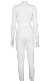White Sexy Solid Ripped Hollowed Out Patchwork O Neck Long Sleeve Two Pieces