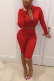 Rose Red Sexy Solid Split Joint Turtleneck Long Sleeve Two Pieces