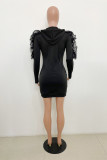 Black Fashion Sexy Solid Patchwork Hooded Collar Long Sleeve Dresses