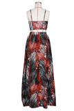 Red Fashion Sexy Print Backless Slit V Neck Sleeveless Two Pieces