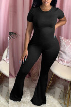 Black Sexy Patchwork Solid Cotton Short Sleeve O Neck Jumpsuits