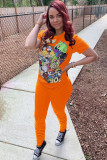 Orange Polyester Fashion Ma'am OL Patchwork Print Character Two Piece Suits pencil Short Sleeve Two Pieces