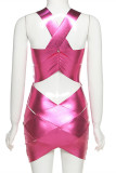 Rose Red Sexy Solid Hollowed Out Patchwork Backless V Neck Pencil Dresses